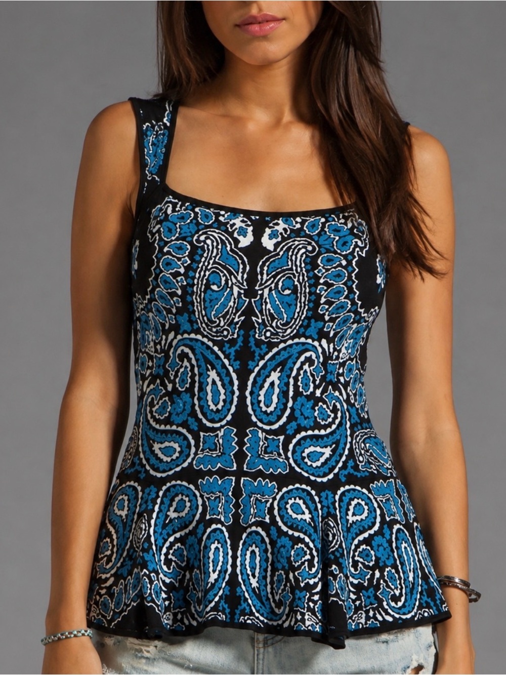 Y2K Ronny Kobo Peplum Black Blue Knit Tank Top Fitted Blouse Paisley Print Sz XS